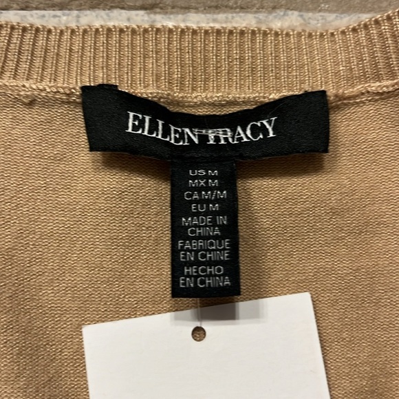 NEW Ellen Tracy Faux Leather Trim V-Neck Sweater in Sand - Picture 9 of 14